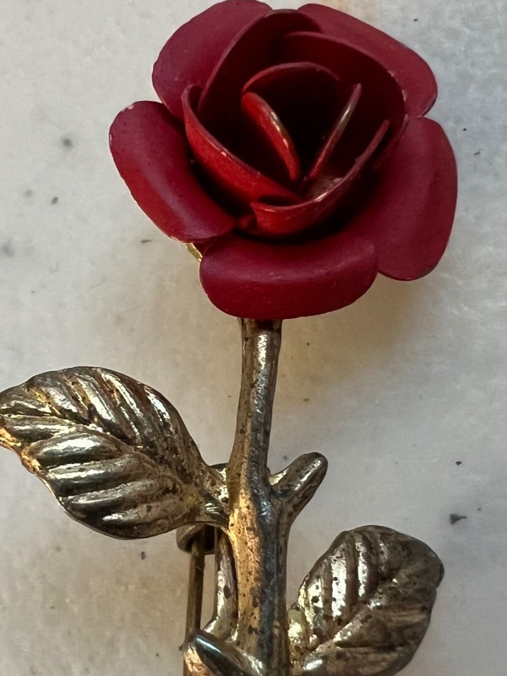 Vintage Retro Mid Century Matte Red Enamel Metal Rose Petal Brooch Lapel Pin